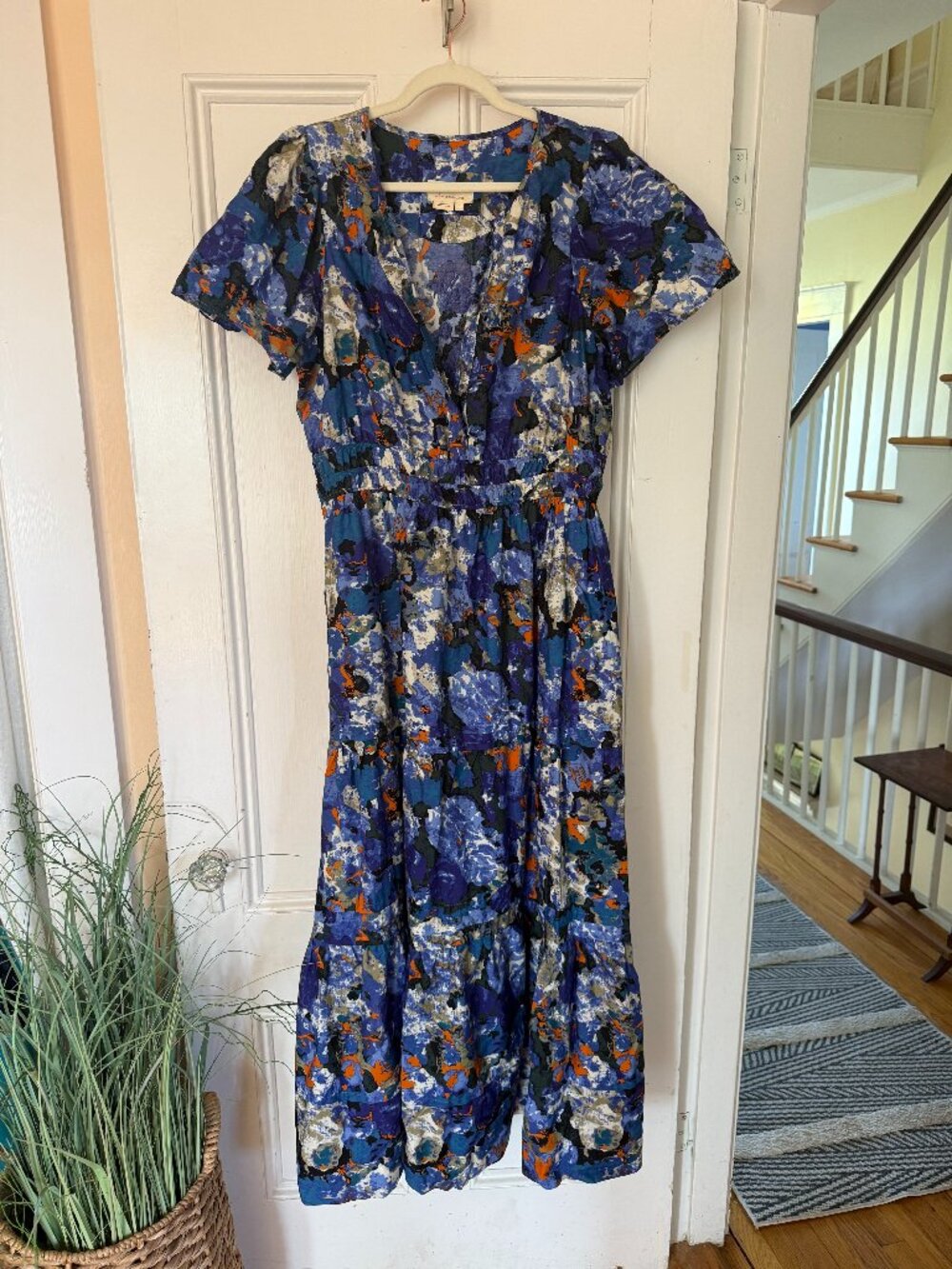By Anthropologie Blue/Orange Abstract Tiered Maxi/Midi Dress